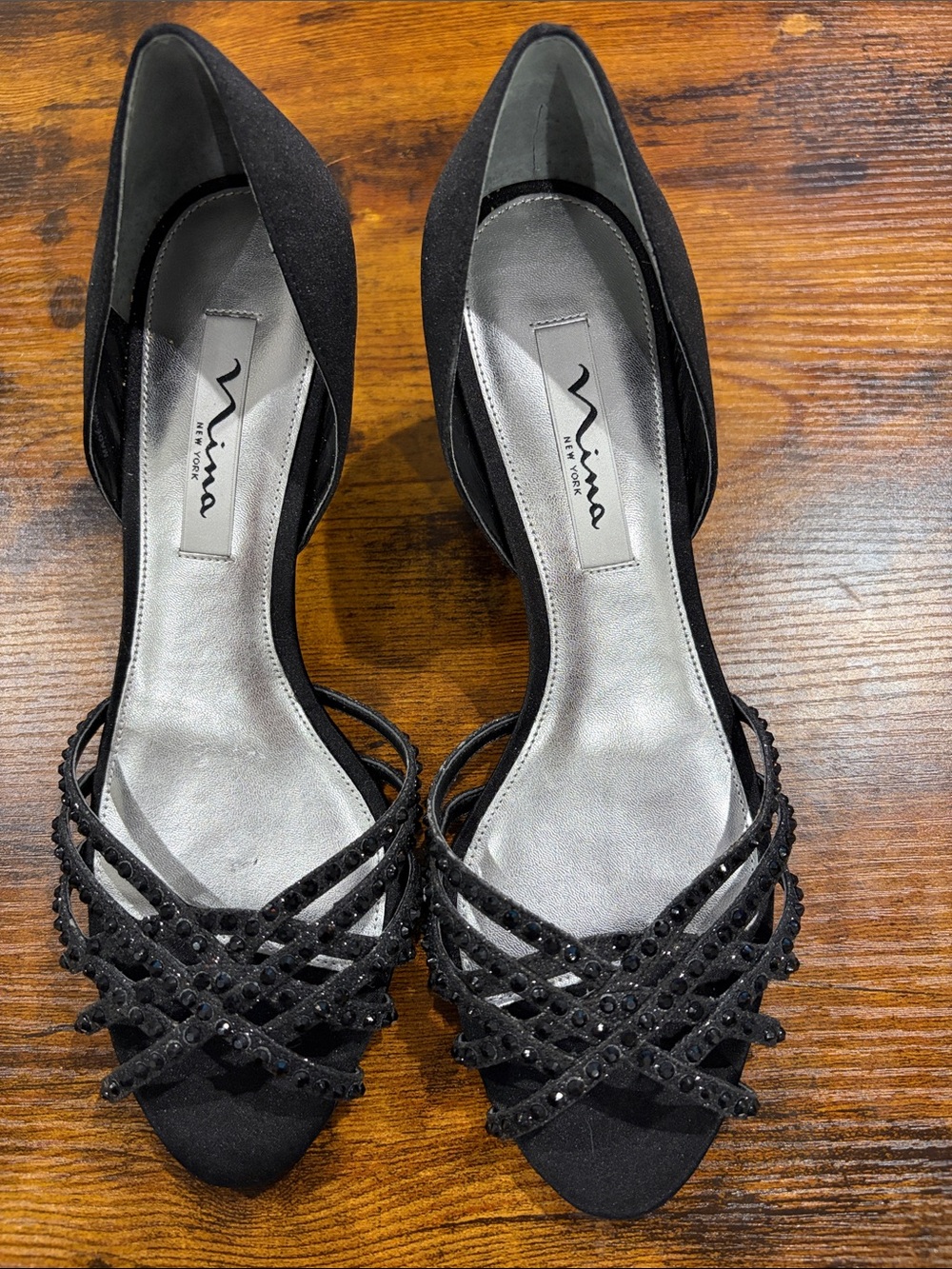 Nina Black Crystal-Strap D'Orsay Heels